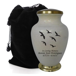 Flying Birds White Human Funeral Cremation Urn, Urns For Human Ashes, Large White Urn With Personalization and Velvet Bag