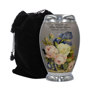 Rose Human Funeral Cremation Urn, Urns For Human Ashes, Large Rose and Peonies Urn With Personalization and Velvet Bag- Multiple Sizes