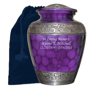 Purple Human Funeral Cremation Urn, Urns For Human Ashes, Large Purple and Silver Urn With Personalization and Velvet Bag- Multiple Sizes