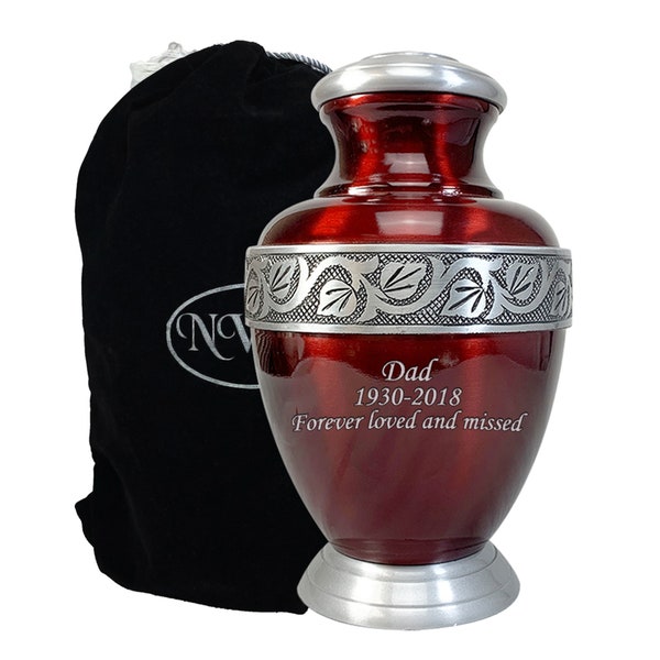 Red Human Funeral Cremation Urn, Urns For Human Ashes, Large Maroon Urn With Personalization and Velvet Bag