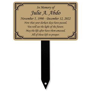 Memorial Plaque With Stake, Metal Grave Marker, Long Lasting Remembrance Plaque, Gold and Black Personalized Outdoor, Indoor Memorial Plate