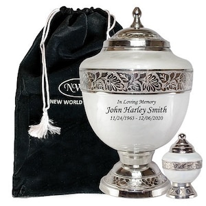 Pearl White Majestic Human Funeral Cremation Urn, Urns For Human Ashes, Large Pearl Urn With Personalization and Velvet Bag- Multiple Sizes