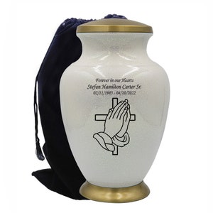 Praying Hands and Cross White Human Funeral Cremation Urn, Urns For Human Ashes, Large White Urn With Personalization and Velvet Bag