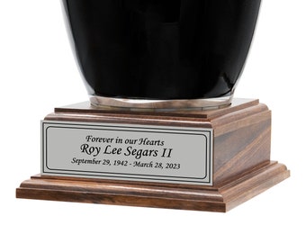 Cremation Urn Stand, Wood Pedestal, Wooden Urn Base with Personalized Name Plate in Multiple Colors