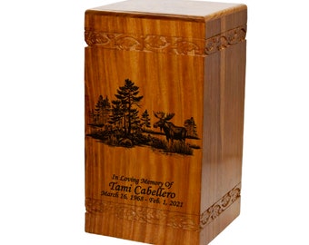 Urna de cremación para adultos de alce con personalización, cazador de madera, ciervo amante de la naturaleza, urna funeraria de alce, urna de ceniza humana grabada