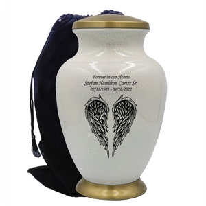 Angel Wings White Human Funeral Cremation Urn, Urns For Human Ashes, Large White Urn With Personalization and Velvet Bag