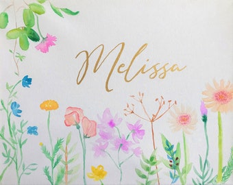 Floral  Watercolor Customized Name Sign Art