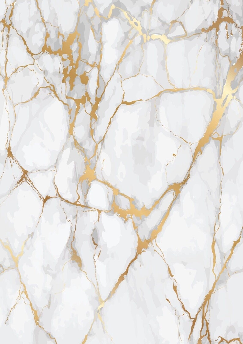 May include: White marble background with gold veins. The marble has a smooth, polished surface.