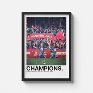 Puede incluir: Impresión enmarcada que muestra a un equipo celebrando una victoria, sosteniendo un trofeo, con el texto "WINNERS 2025" y "CHAMPIONS". La imagen tiene un aspecto vintage, ligeramente desgastado, con una combinación de colores rojo y azul.