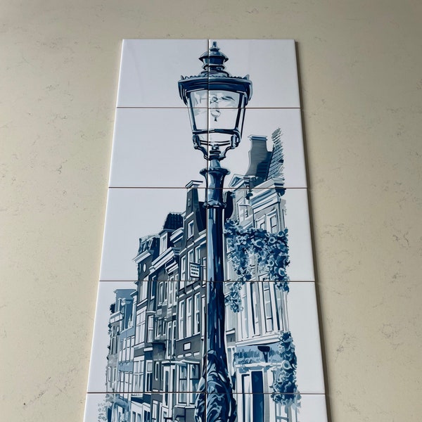 Delft Blue Ceramic Tile Mosaic: Amsterdam Lamppost Streetlight | Modern Dutch Design, Handcrafted Art, Unique Home Decor, Traditional Charm