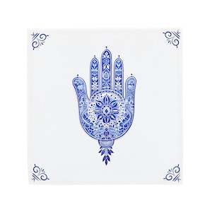 Delft Blue Ceramic Tile: Hand of Fatima | Hamsa | Modern Dutch Design, Handcrafted Ceramic Art, Unique Home Decor & Gift, Traditional Charm