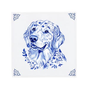 Delft Blue Ceramic Tile: Golden Retriever | Modern Dutch Design, Handcrafted Ceramic Art, Unique Home Decor & Gift, Traditional Charm