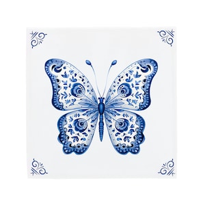 Delft Blue Ceramic Tile: Decorated Butterfly | Modern Dutch Design, Handcrafted Ceramic Art, Unique Home Decor & Gift, Traditional Charm