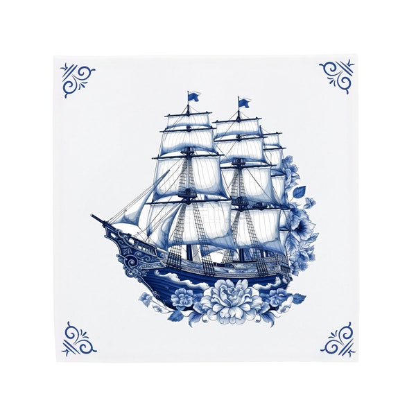 Delft Blue Ceramic Tile: Classic Sailing Ship | Modern Dutch Design, Handcrafted Ceramic Art, Unique Home Decor & Gift, Traditional Charm