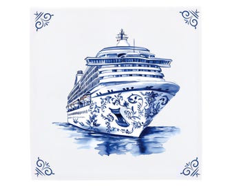 Cruise Ship Tile, Delft Blue Nautical Ceramic Art | Hand-Finished Baked Artwork | 11x11, 15x15, 20x20 (4x4, 6x6, 8x8)