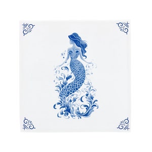 Delft Blue Ceramic Tile: Decorated Little Mermaid | Modern Dutch Design, Handcrafted Ceramic Art, Unique Home Decor & Gift, Traditional