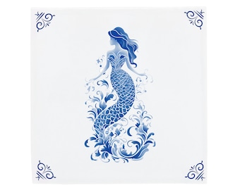 Delft Blue Ceramic Tile, Little Mermaid Handpainted (4 Sizes Available)