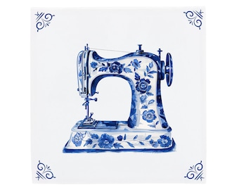 Ceramic Wall Tile: Vintage Sewing Machine Design - Blue, Handcrafted