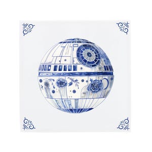 Delft Blue Ceramic Tile: Star wars Death Star | Modern Dutch Design, Handcrafted Ceramic Art, Unique Home Decor & Gift, Traditional Charm