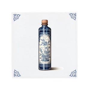 Delft Blue Ceramic Tile: Decorated Classic Genever Bottle | Modern Dutch Design, Handcrafted Ceramic Art, Unique Home Decor & Gift