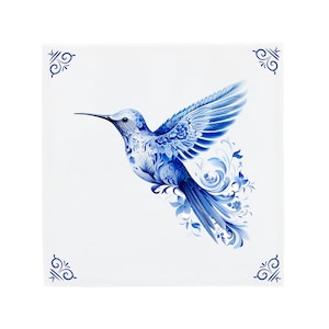 Delft Blue Ceramic Tile: Decorated Hummingbird | Modern Dutch Design, Handcrafted Ceramic Art, Unique Home Decor & Gift, Traditional Charm
