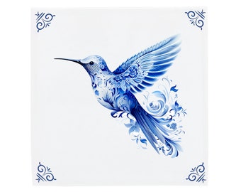 Delft Blue Ceramic Tile, Hand-Painted Hummingbird (4 Sizes Available)