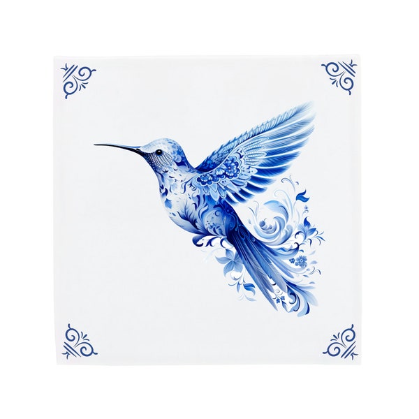 Delft Blue Ceramic Tile: Decorated Hummingbird | Modern Dutch Design, Handcrafted Ceramic Art, Unique Home Decor & Gift, Traditional Charm