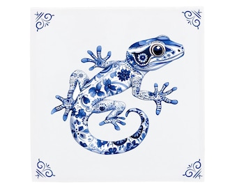 Gecko Tile Art, Delft Blue Ceramic, Hand Finished Wall Decor - Artisan Eco Friendly, 11x11 15x15 20x20