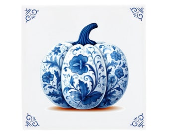 Carreau de céramique bleu de Delft : citrouille décorée | Design hollandais moderne, oeuvre d'art en céramique faite main, cadeau et décoration d'intérieur uniques, charme traditionnel