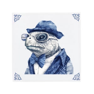 Delft Blue Ceramic Tile: Grumpy Hipster Tortoise | Modern Dutch Design, Handcrafted Ceramic Art, Unique Home Decor & Gift, Traditional Charm