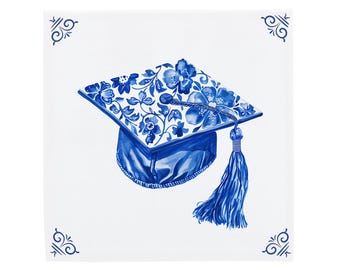 Delft Blue Ceramic Tile: Graduate Cap | Modern Dutch Design, Handcrafted Ceramic Art, Unique Home Decor & Gift, Traditional Charm