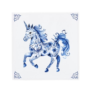 Delft Blue Ceramic Tile: Unicorn | Modern Dutch Design, Handcrafted Ceramic Art, Unique Home Decor & Gift, Traditional Charm