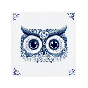 Delft Blue Ceramic Tile: Intriguing Owl Eyes | Modern Dutch Design, Handcrafted Ceramic Art, Unique Home Decor & Gift, Traditional Charm