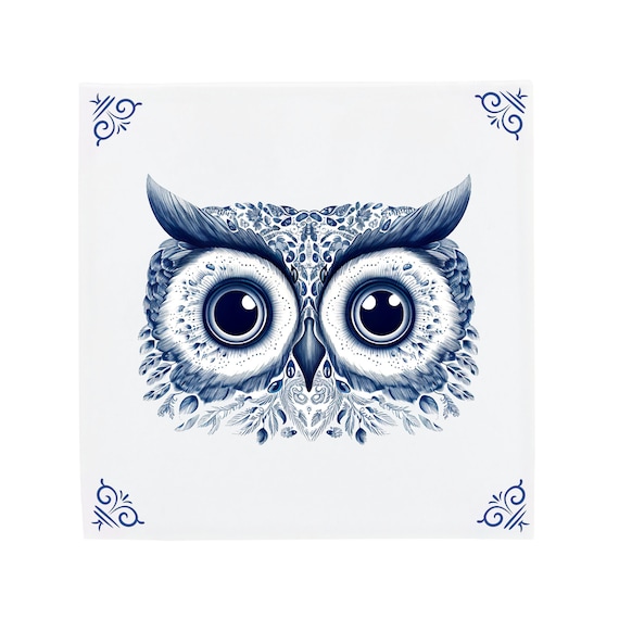Delft Blue Ceramic Tile: Intriguing Owl Eyes | Modern Dutch Design, Handcrafted Ceramic Art, Unique Home Decor & Gift, Traditional Charm