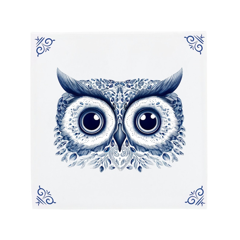 Carrelage en céramique bleu de Delft : yeux de chouette intrigants | Design hollandais moderne, oeuvre d'art en céramique faite à la main, cadeau et décoration d'intérieur uniques, charme traditionnel image 1