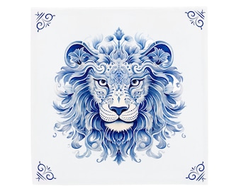 Carrelage en céramique bleu de Delft : oeuvre d'art représentant un lion majestueux peint à la main