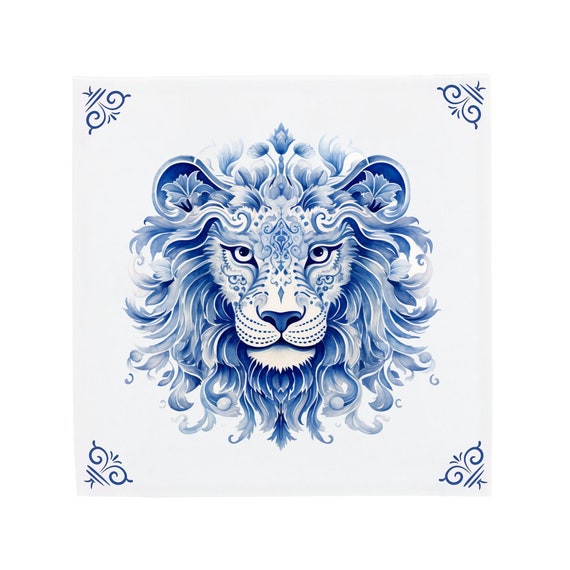 Delft Blue Ceramic Tile: Majestic Lion Handpainted Art