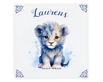 Delft Blue Ceramic Tile: Birth Tile Baby Lion | Modern Dutch Design, Handcrafted Ceramic Art, Unique Home Decor & Gift, Traditional Charm