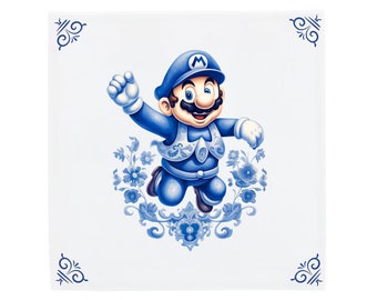 Delfts Blauwe Keramische Tegel: Super Mario Bros Nintendo | Modern Nederlands design, handgemaakte keramische kunst, woondecoratie en cadeau, traditionele charme