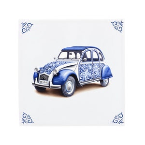 Delft Blue Ceramic Tile: Classic Citroën 2CV | Modern Dutch Design, Handcrafted Ceramic Art, Unique Home Decor & Gift, Traditional Charm