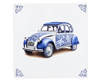 Delfts Blauwe Keramiektegel: Klassieke Citroën 2CV | Modern Nederlands design, handgemaakte keramische kunst, unieke woondecoratie en cadeau, traditionele charme