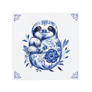 Delft Blue Ceramic Tile: Sloth | Modern Dutch Design, Handcrafted Ceramic Art, Unique Home Decor & Gift, Traditional Charm