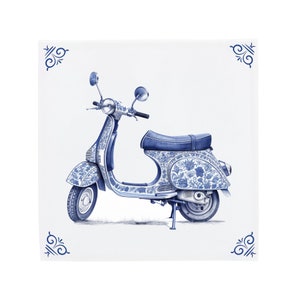 Delft Blue Ceramic Tile: Classic Vespa Scooter | Modern Dutch Design, Handcrafted Ceramic Art, Unique Home Decor & Gift, Traditional Charm