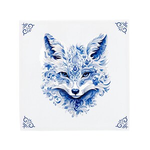 May include: A blue and white fox illustration with intricate floral patterns. The fox's face is centered in the image, with a detailed design of flowers and leaves.