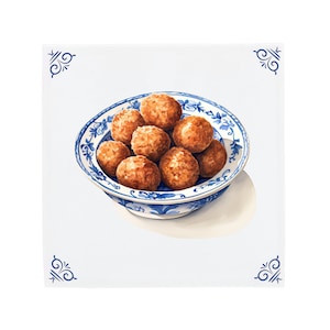 Delft Blue Ceramic Tile: Dutch Bitterballen | Modern Dutch Design, Handcrafted Ceramic Art, Unique Home Decor & Gift, Traditional Charm
