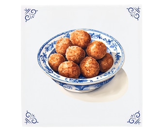 Delft Blue Ceramic Tile: Dutch Bitterballen Design, Hand Painted