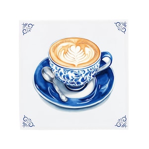 May include: A watercolour painting of a coffee cup with latte art, a blue and white patterned cup and saucer, and a silver spoon. The cup is filled with coffee and has a heart-shaped design on top. The saucer and cup have a blue floral design.