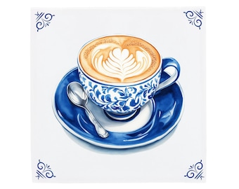 Delft Blue Ceramic Tile - Handpainted Coffee Cup Design