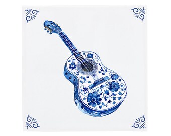 Delft Blue Ceramic Tile: Guitar | Modern Dutch Design, Handcrafted Ceramic Art, Unique Home Decor & Gift, Traditional Charm