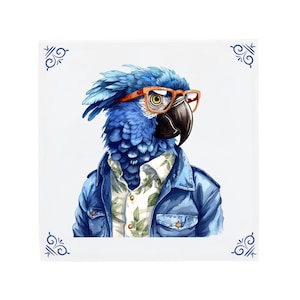 Delft Blue Ceramic Tile: Happy Hipster Parrot | Modern Dutch Design, Handcrafted Ceramic Art, Unique Home Decor & Gift, Traditional Charm